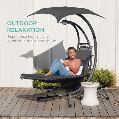 LoungeLoop™ Hanging LED-Lit Curved Chaise Lounge Chair with Pillow, Canopy & Stand