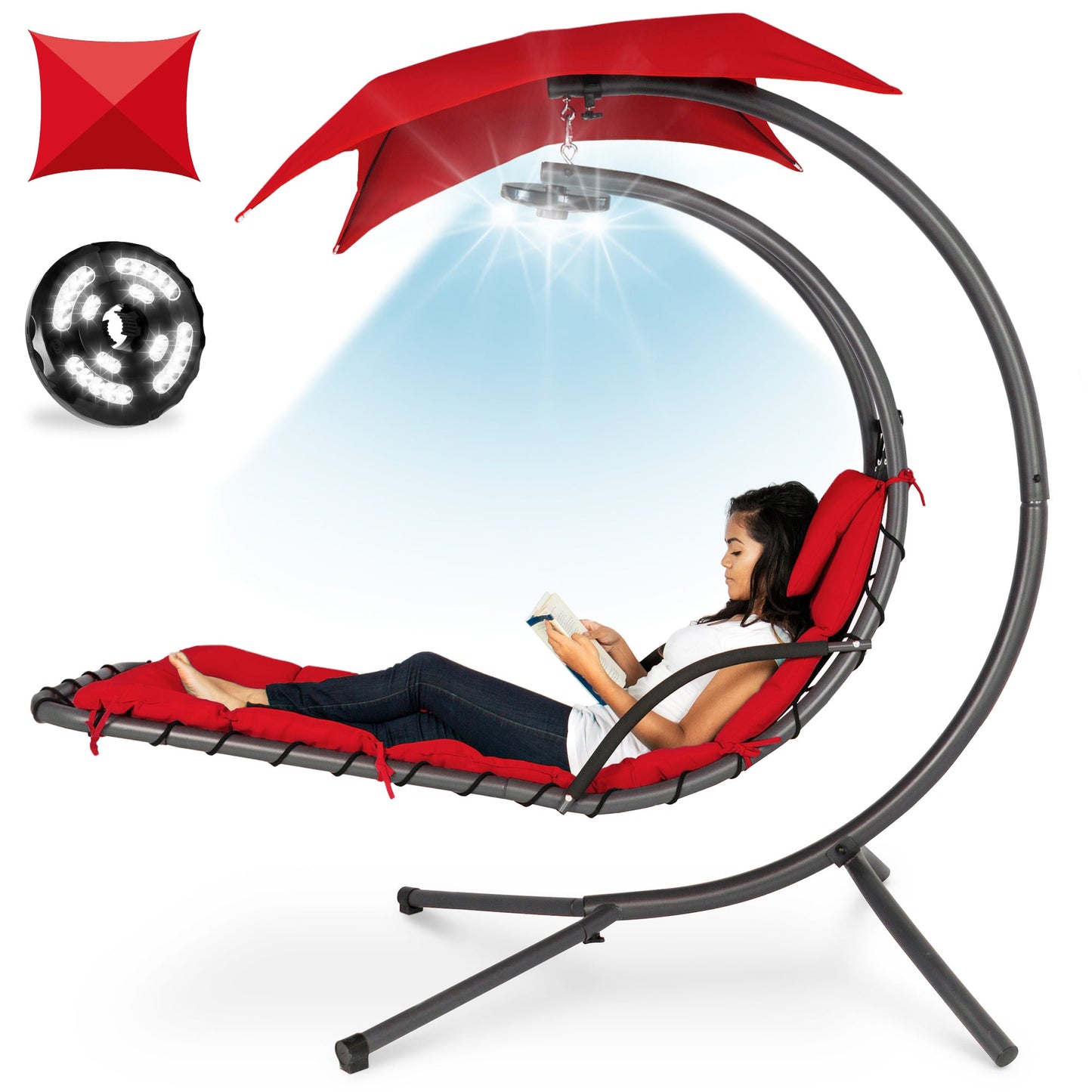 LoungeLoop™ Hanging LED-Lit Curved Chaise Lounge Chair with Pillow, Canopy & Stand