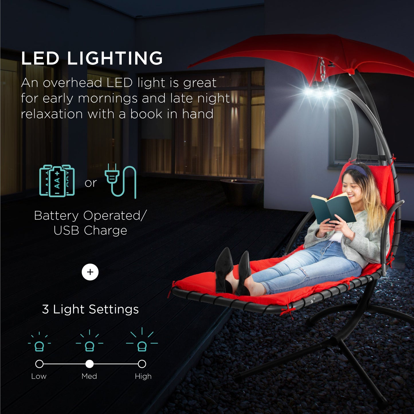 LoungeLoop™ Hanging LED-Lit Curved Chaise Lounge Chair with Pillow, Canopy & Stand