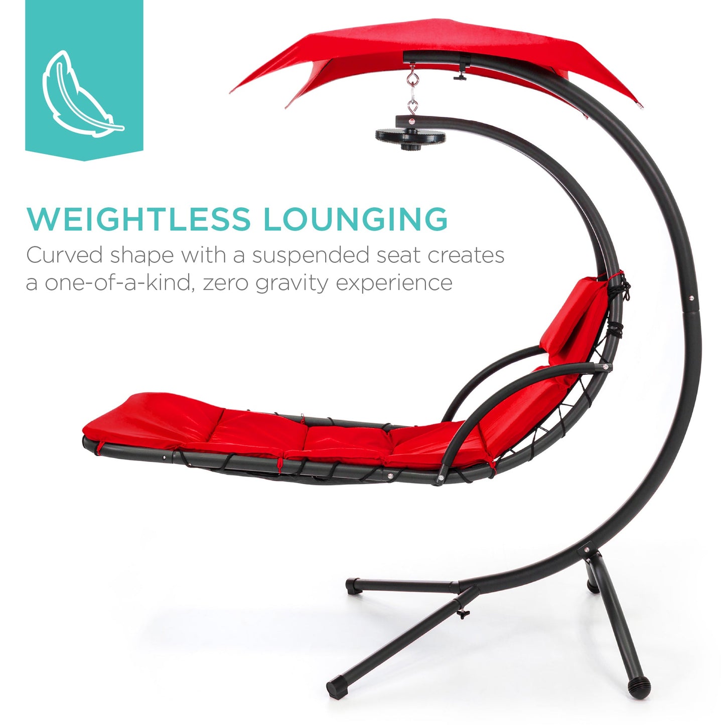 LoungeLoop™ Hanging LED-Lit Curved Chaise Lounge Chair with Pillow, Canopy & Stand