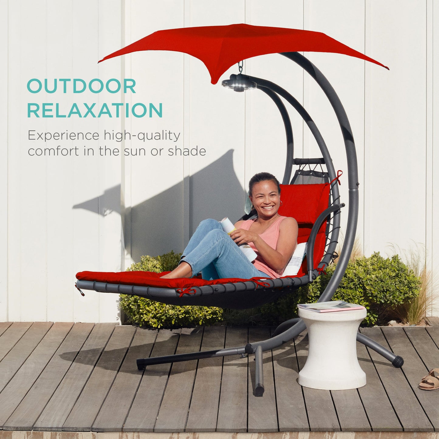 LoungeLoop™ Hanging LED-Lit Curved Chaise Lounge Chair with Pillow, Canopy & Stand