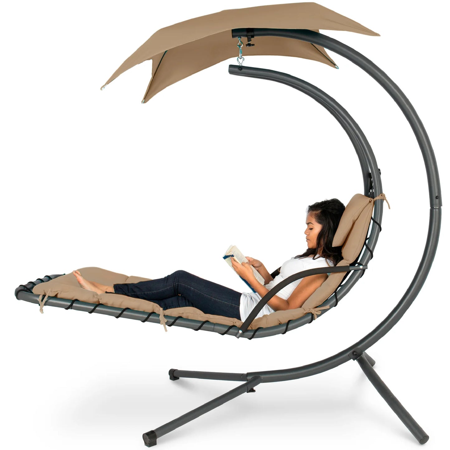 LoungeLoop™ Hanging LED-Lit Curved Chaise Lounge Chair with Pillow, Canopy & Stand