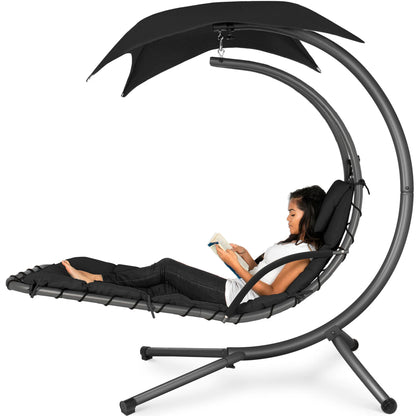 LoungeLoop™ Hanging LED-Lit Curved Chaise Lounge Chair with Pillow, Canopy & Stand