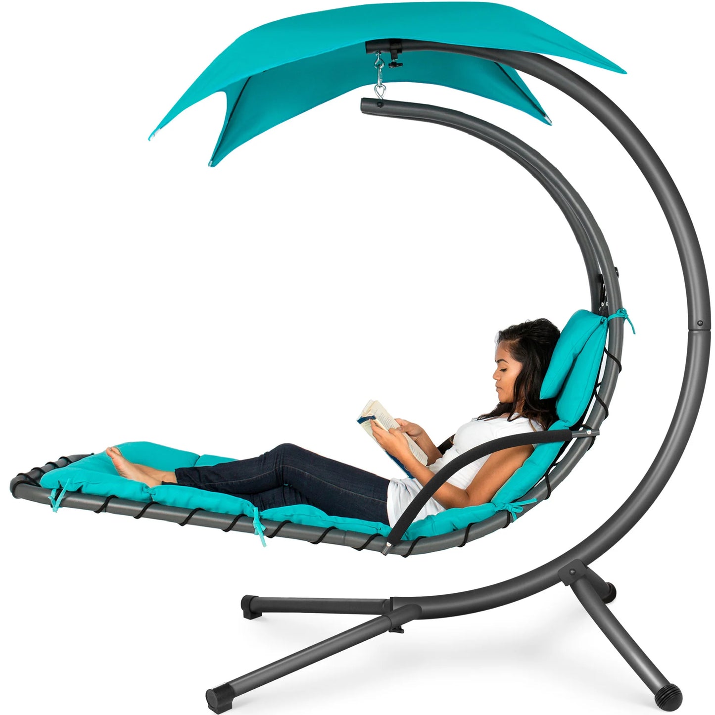 LoungeLoop™ Hanging LED-Lit Curved Chaise Lounge Chair with Pillow, Canopy & Stand