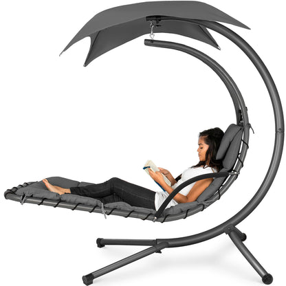 LoungeLoop™ Hanging LED-Lit Curved Chaise Lounge Chair with Pillow, Canopy & Stand