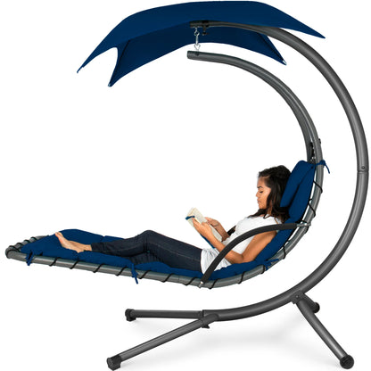 LoungeLoop™ Hanging LED-Lit Curved Chaise Lounge Chair with Pillow, Canopy & Stand