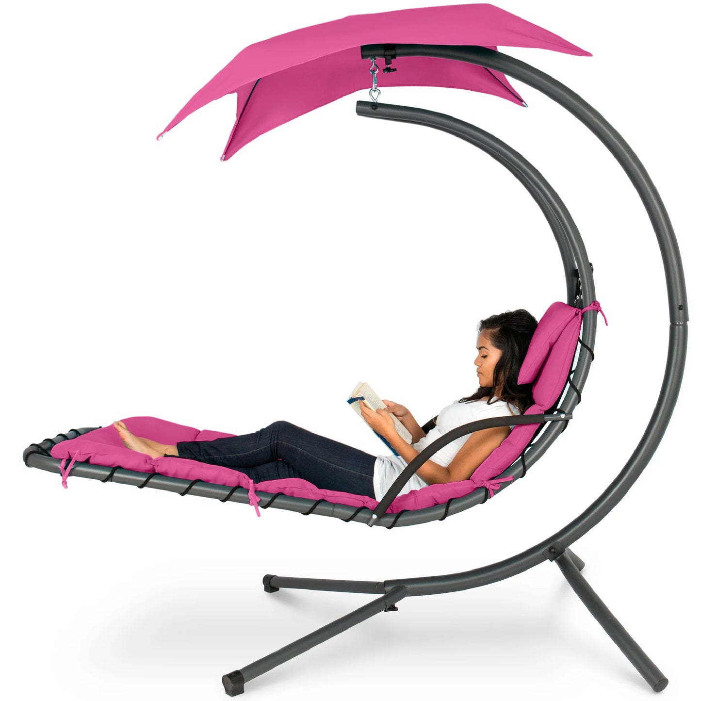 LoungeLoop™ Hanging LED-Lit Curved Chaise Lounge Chair with Pillow, Canopy & Stand