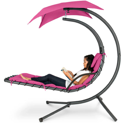 LoungeLoop™ Hanging LED-Lit Curved Chaise Lounge Chair with Pillow, Canopy & Stand