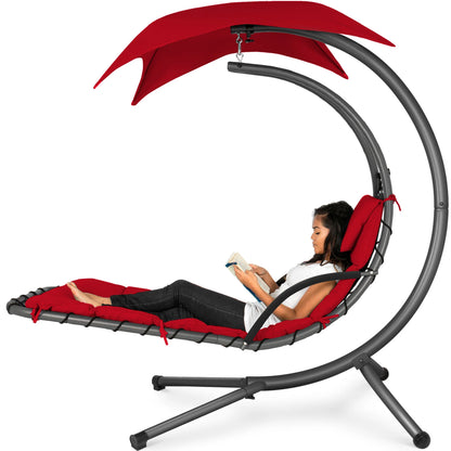 LoungeLoop™ Hanging LED-Lit Curved Chaise Lounge Chair with Pillow, Canopy & Stand
