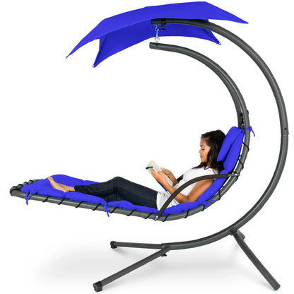 LoungeLoop™ Hanging LED-Lit Curved Chaise Lounge Chair with Pillow, Canopy & Stand