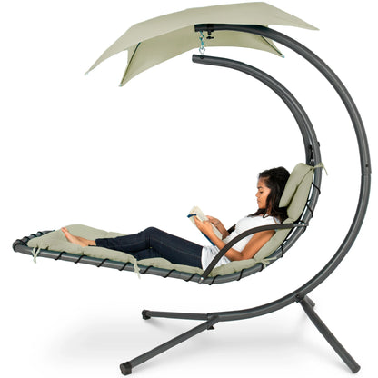 LoungeLoop™ Hanging LED-Lit Curved Chaise Lounge Chair with Pillow, Canopy & Stand