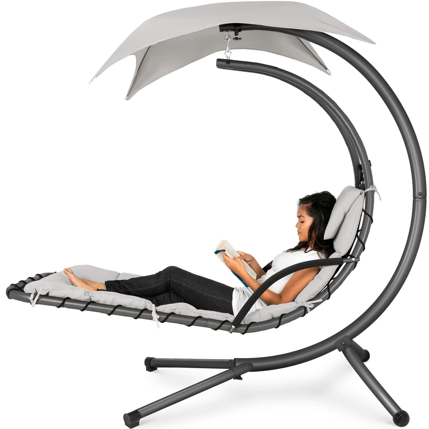 LoungeLoop™ Hanging LED-Lit Curved Chaise Lounge Chair with Pillow, Canopy & Stand