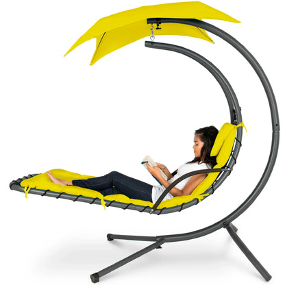 LoungeLoop™ Hanging LED-Lit Curved Chaise Lounge Chair with Pillow, Canopy & Stand